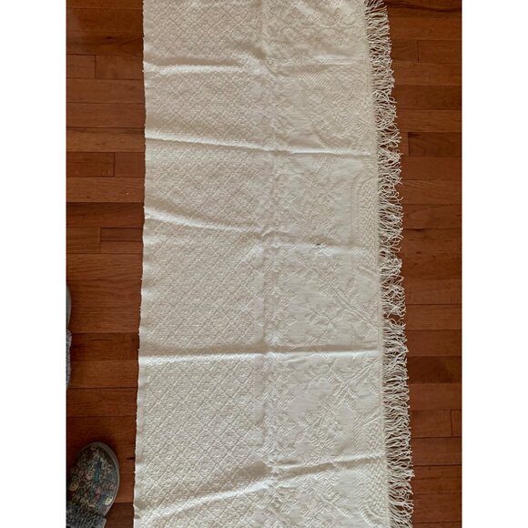Vintage White Embroidered Table Runner with Fringe Edges 72"x 22" - Picture 7 of 12